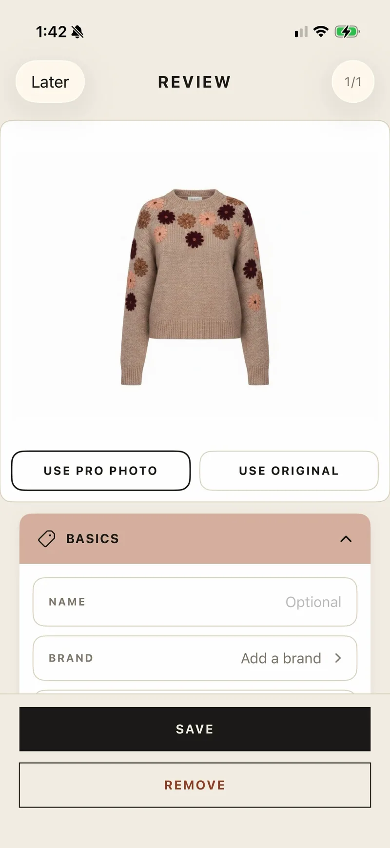 The draft review screen: a snapshot turned into a clean product photo