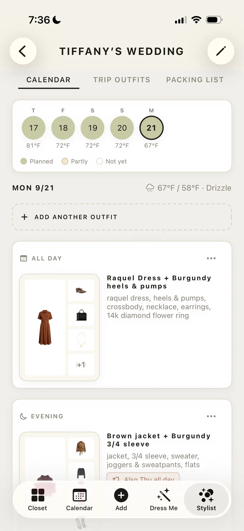 A trip's calendar with an outfit planned for each day